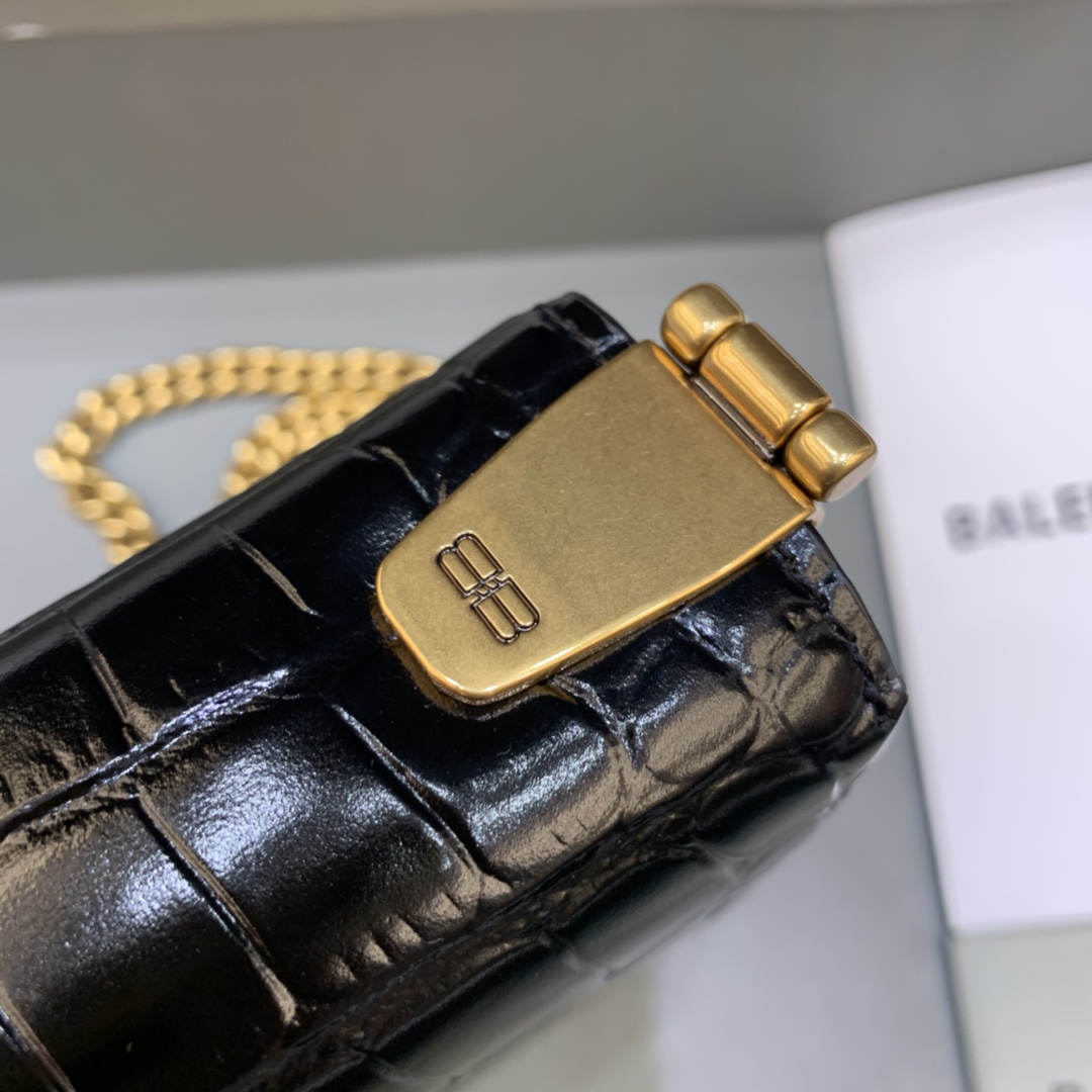 Balenciaga Triplet Small Bag With Chain Crocodile Embossed Calfskin Shouler Bag Black